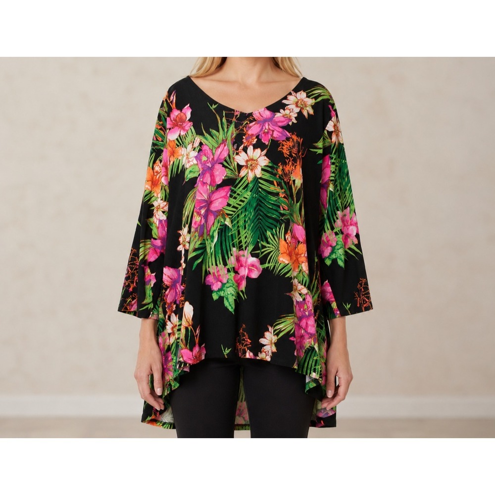Susan Graver Tropical Botanical Tunic Bold Drapey High-Low Blouse Knit Top SZ 3X